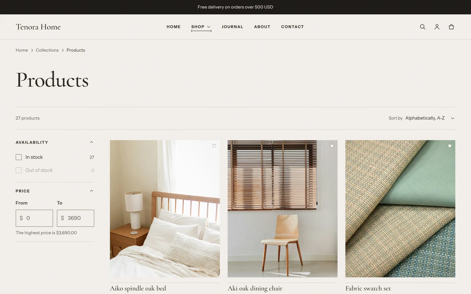 A collection page with filters for availability and price in a sidebar, a sort menu and a grid of furniture products
