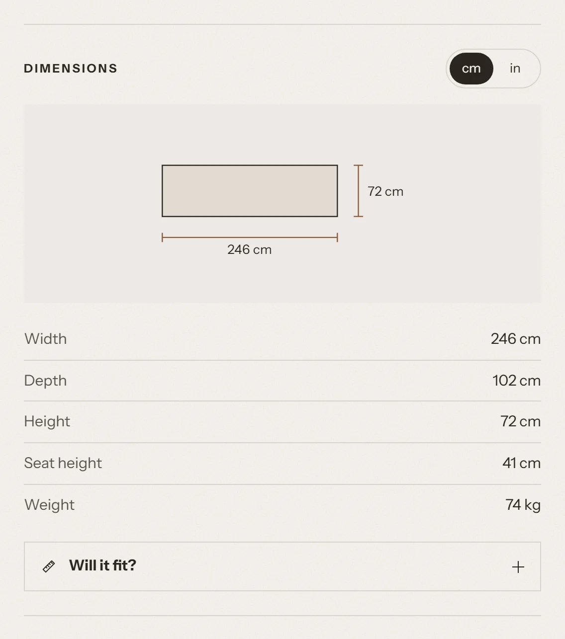The Dimensions block with a cm and in switch, a front-view drawing with width and height lines, and a table with width, depth, height, seat height and weight