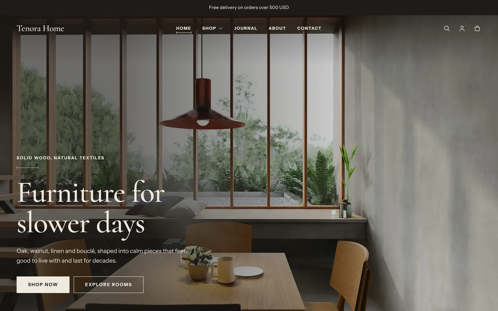 The Tenora preset home page on desktop, with a dining room image, the heading "Furniture for slower days" and two buttons